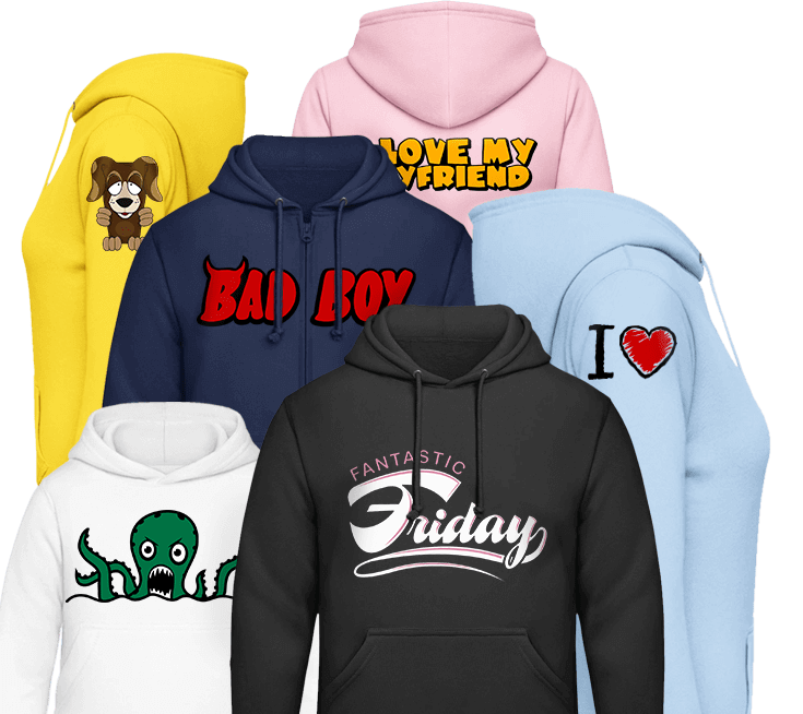 Hoodies in verschiedenen Farben bedruckt mit coolen Motiven